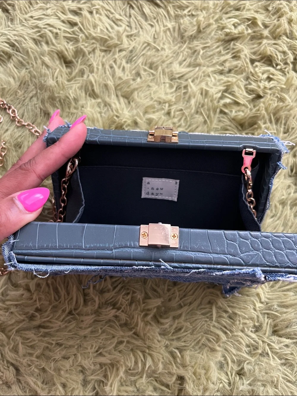 NEW Distressed Denim Clutch Bag with Gold Chain